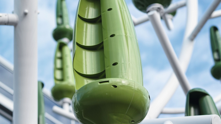 The leaf-shaped turbines, 85-centimeters high, rotate even with light winds.